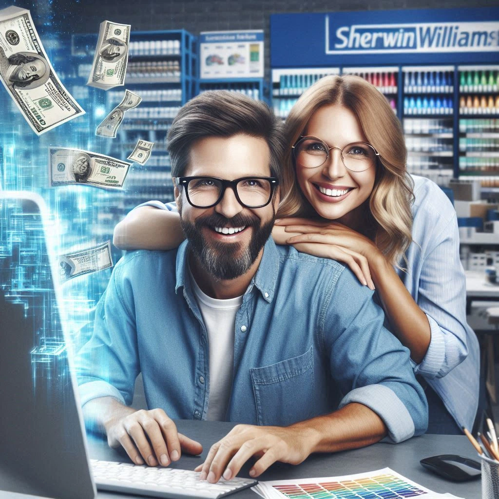 Um casal, donos de uma loja de tintas, felizes com suas vendas "vender tintas"