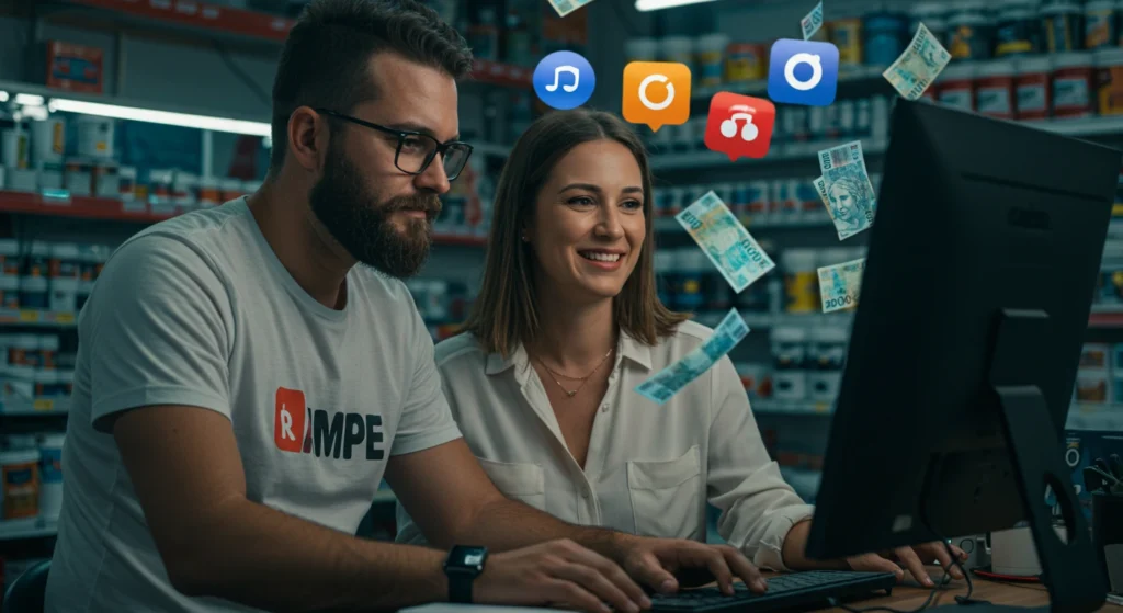 Um homem e uma mulher, proprietários de uma loja de tintas, na frente do computador